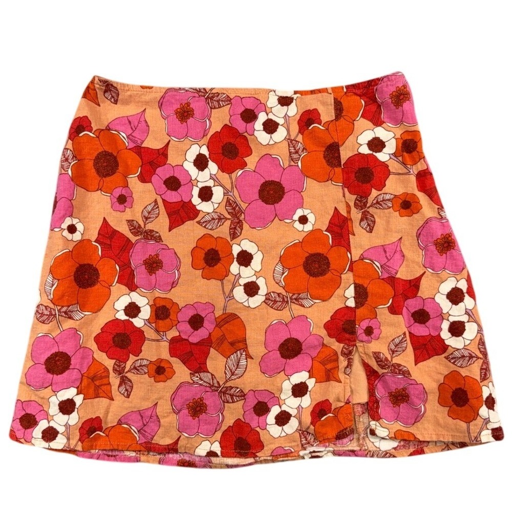 Urban Outfitters Floral Mini Skirt Orange Pink Linen Blend Retro 70s XS